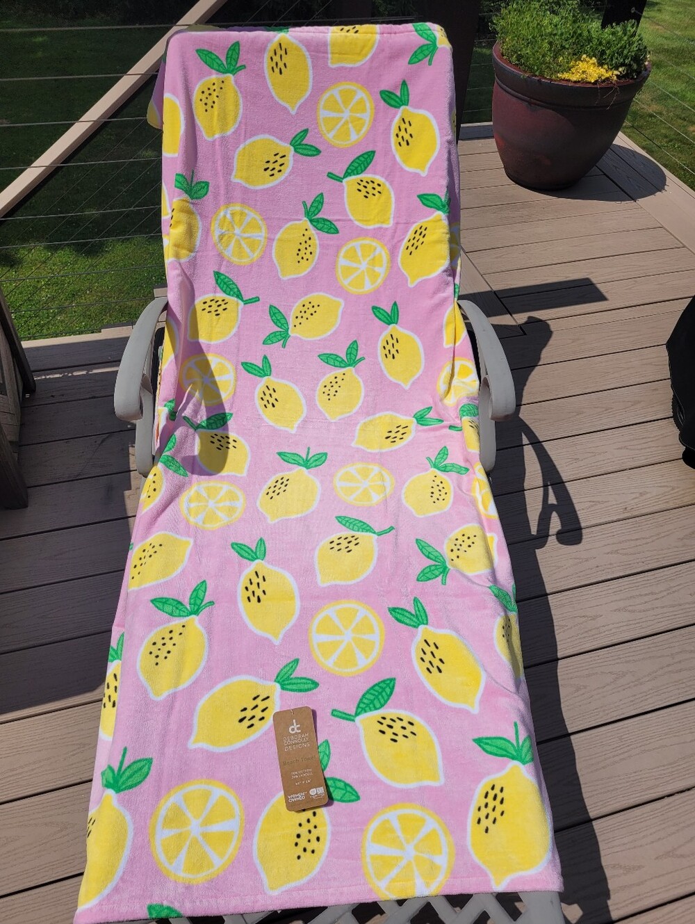 Deborah Connolly Pink Lemon Print Beach Towel - Bright Yellow Lemon Pattern